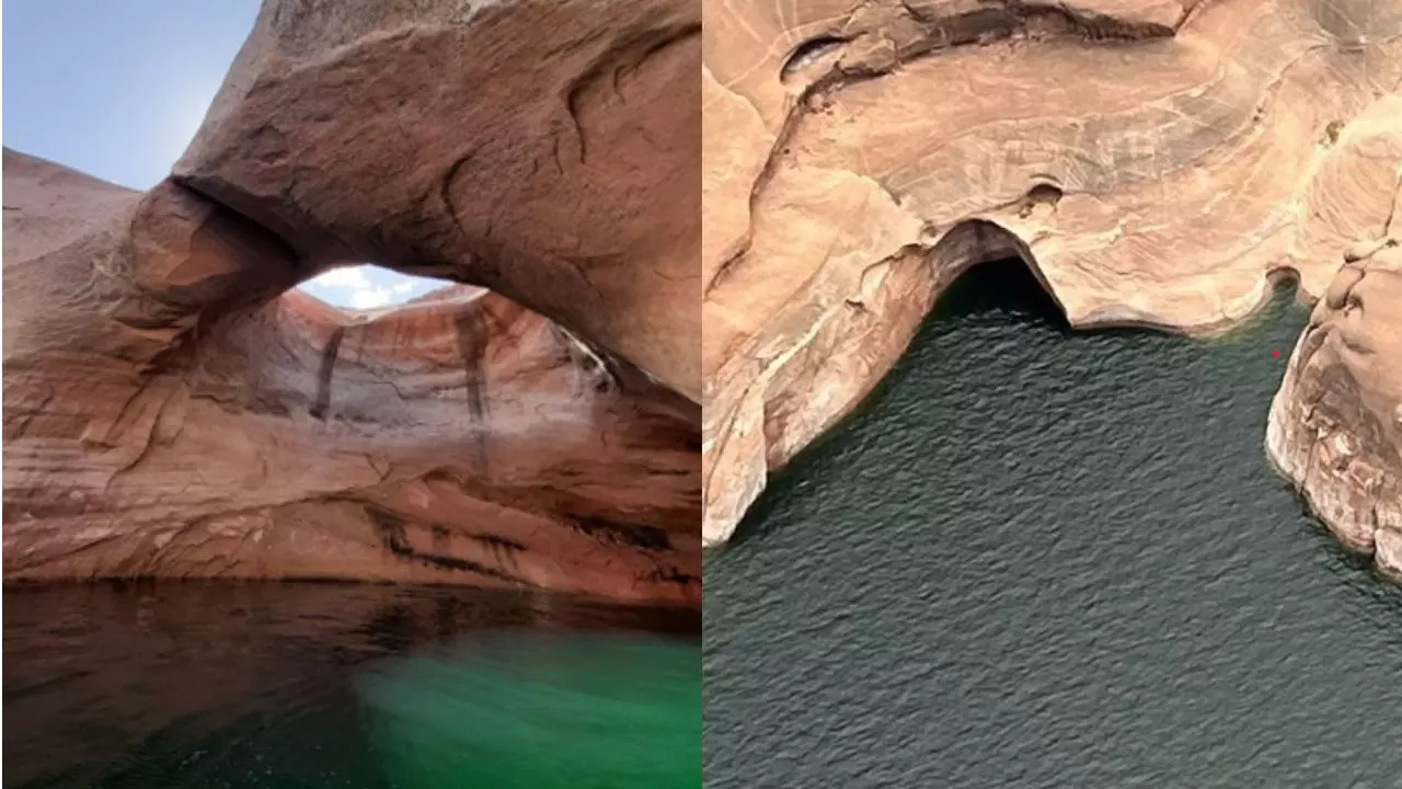 Before and after photos of Double Arch in Utah. Credit: National Park Service