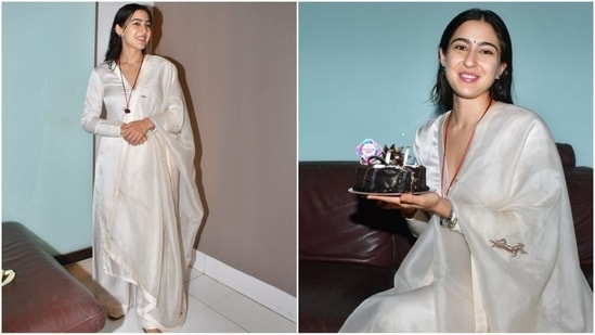 Sara Ali Khan celebrated her 29th birthday in utter elegance, sporting an all-white ethnic ensemble that exuded grace. Her outfit featured a V-neck, full-sleeved kurta, perfectly paired with matching trousers and a dupatta that was draped elegantly over one shoulder. (HT Photo/VarinderChawla)