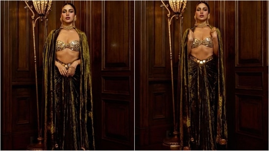 Her stunning outfit is by the label Itrh and consists of a mirror-embellished bralette paired with a long velvet skirt. She completed the look with a matching cape draped over her shoulders, which exuded royal vibes. (Instagram/@bhumipednekar)