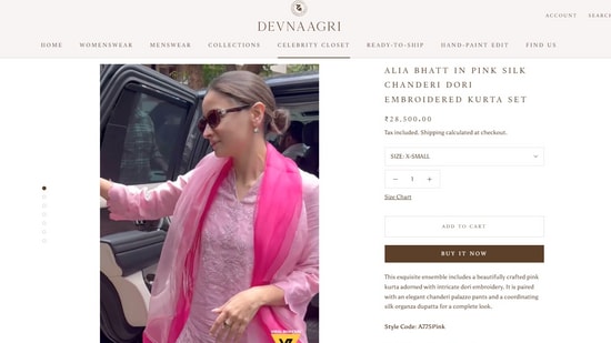 The price of Alia Bhatt's Chanderi silk kurta set. (devnaagri.com)